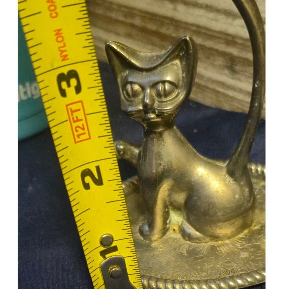 Vintage MCM Cat Ring Holder‎ Silver Tone Metal Trinket Dish Long Tail 4 Inch